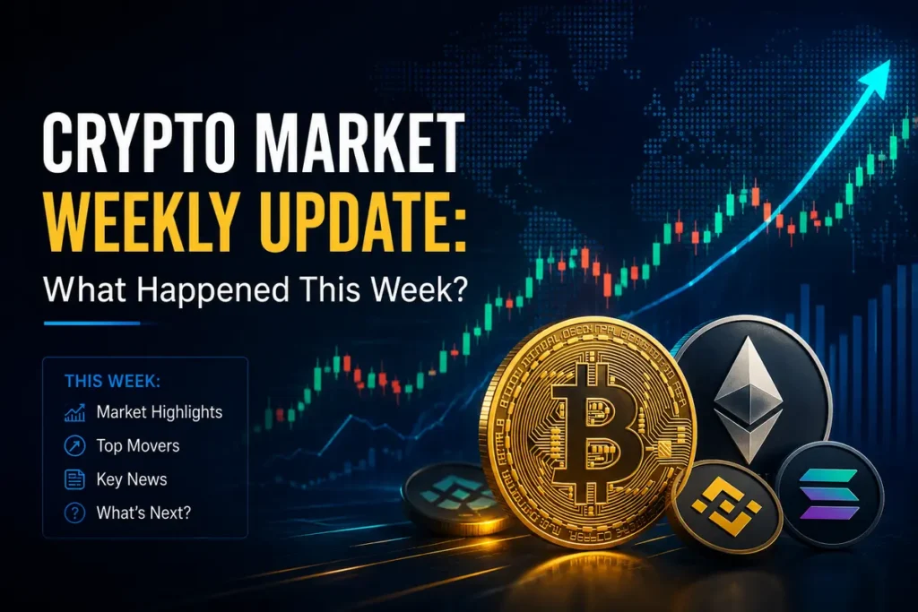 Crypto market weekly update graphic featuring Bitcoin Ethereum cryptocurrency coins and price charts