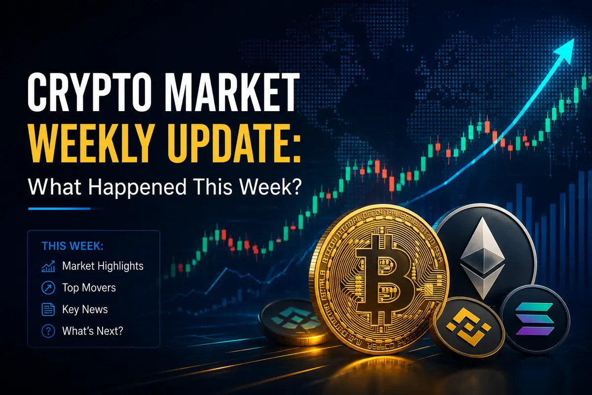 Crypto market weekly update graphic featuring Bitcoin Ethereum cryptocurrency coins and price charts