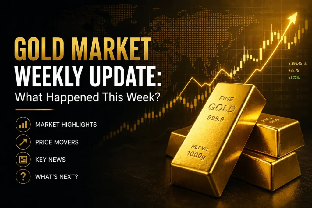 Gold market weekly update graphic featuring fine gold bullion bars and price chart metrics