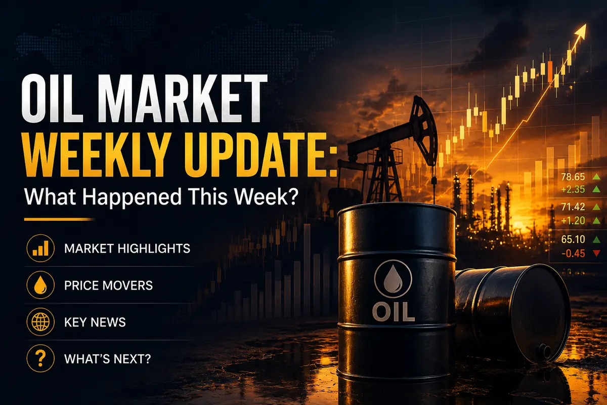 Oil market weekly update graphic featuring an crude oil barrel pumpjack and price chart metrics