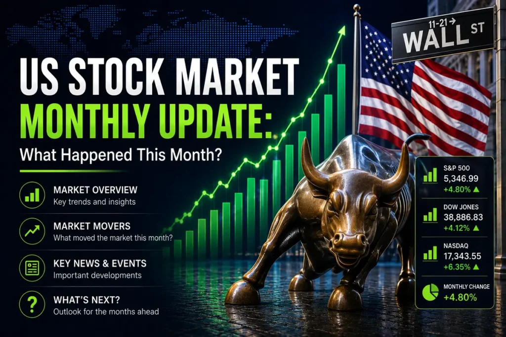 US stock market monthly update graphic featuring Wall Street bull statue and stock index performance metrics