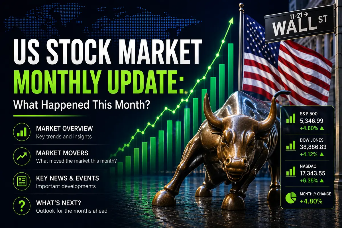 US stock market monthly update graphic featuring Wall Street bull statue and stock index performance metrics