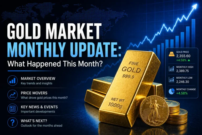 A visual graphic for The Economic Reader's Gold Market Monthly Update showing gold bars and price trends