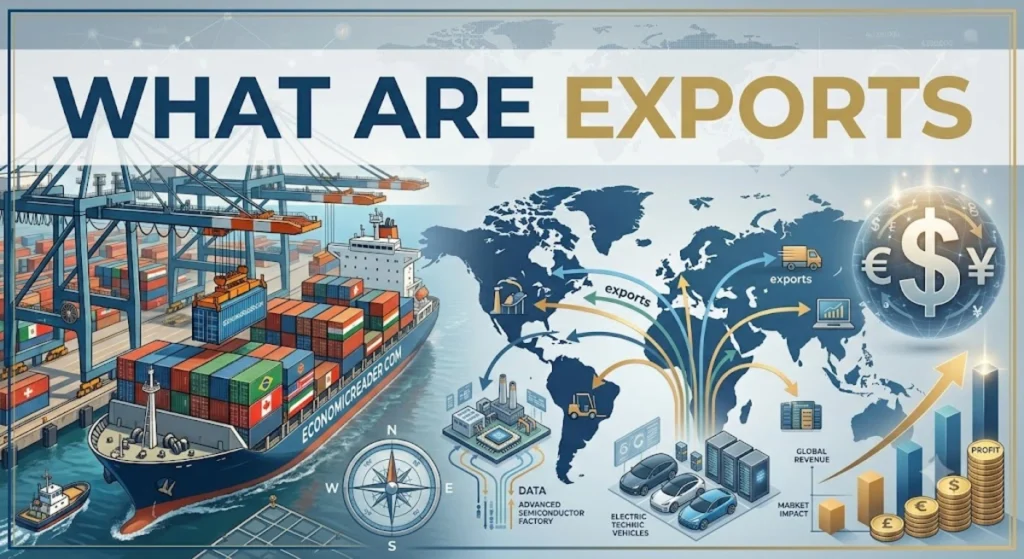 Container cargo ship docked at a port representing What Are Exports.