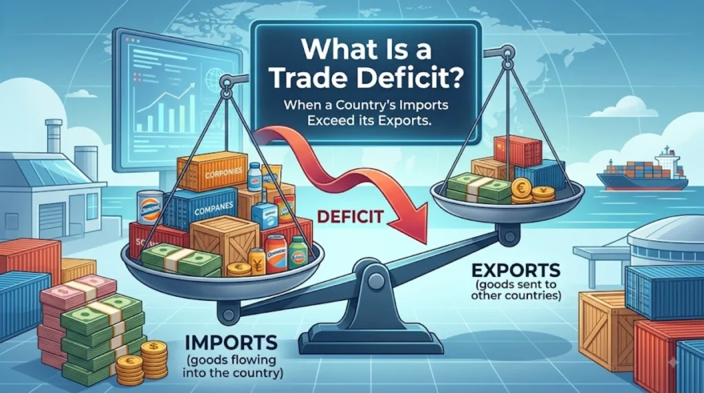 An infographic illustration explaining what is a trade deficit, comparing imports and exports on a balance scale.