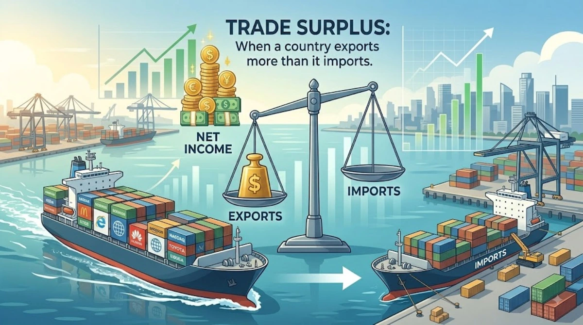 What is a trade surplus concept illustration showing global trade and economic balance
