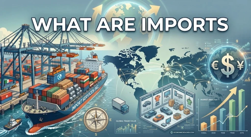 A cargo ship loaded with shipping containers at a port, illustrating What Are Imports?