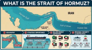 What Is the Strait of Hormuz location map showing strategic oil transit points between Iran and Oman.