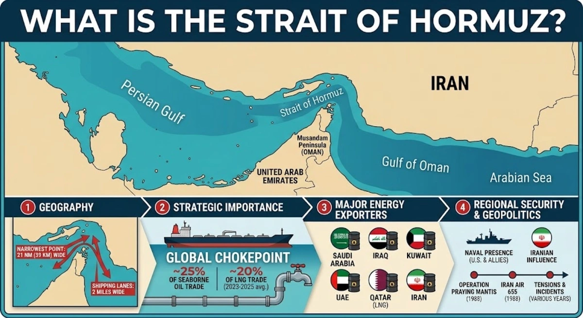 What Is the Strait of Hormuz location map showing strategic oil transit points between Iran and Oman.