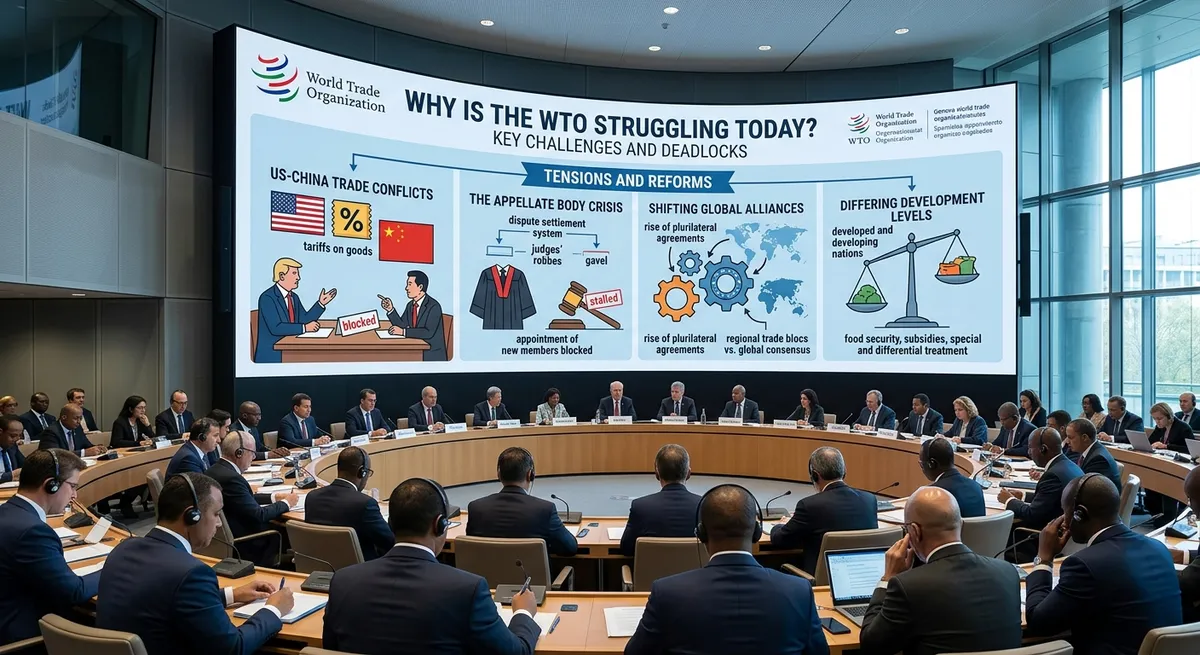 An illustration showing a large trade conference room surrounded by key economic icons, titled "Why Is the WTO Struggling Today?".