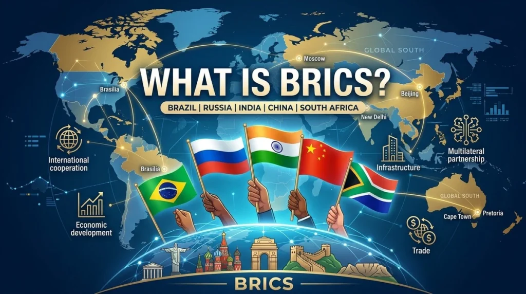 An illustrative graphic featuring the text "WHAT IS BRICS?" above a stylized 3D map of the world, highlighting the global connection and network among member nations.