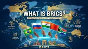 An illustrative graphic featuring the text "WHAT IS BRICS?" above a stylized 3D map of the world, highlighting the global connection and network among member nations.