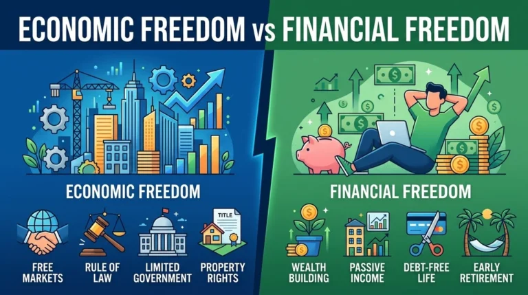 Graphic comparing economic freedom and financial freedom with scales and business metrics for the article Economic Freedom vs Financial Freedom