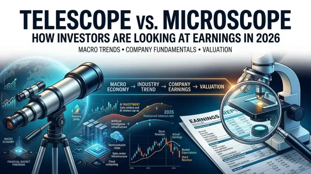 A visual illustration of a telescope and microscope examining financial charts, titled "Telescope vs. Microscope: How investors analyze earnings in 2026," showing key metrics for analyzing company earnings and future valuation.