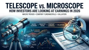 A visual illustration of a telescope and microscope examining financial charts, titled "Telescope vs. Microscope: How investors analyze earnings in 2026," showing key metrics for analyzing company earnings and future valuation.