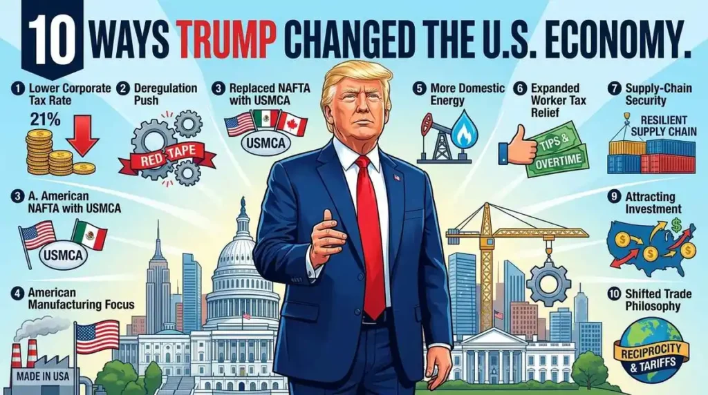 10 Ways Donald Trump Has Changed the US Economy: Featured image illustrating key economic policy shifts, tariffs, and trade strategy.