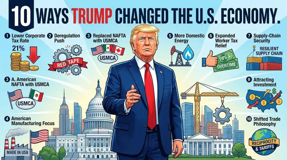 10 Ways Donald Trump Has Changed the US Economy: Featured image illustrating key economic policy shifts, tariffs, and trade strategy.