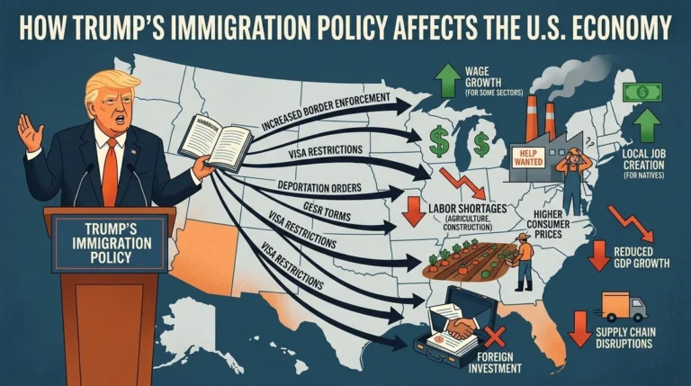 Illustration highlighting immigration policy themes, border context, and economic impact charts for the article How Trump Immigration Policy Affects the US Economy