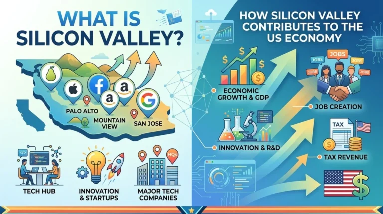 Illustration representing Silicon Valley with technology icons, a computer chip motif, and data graphs related to the US economy for the article What Is Silicon Valley?