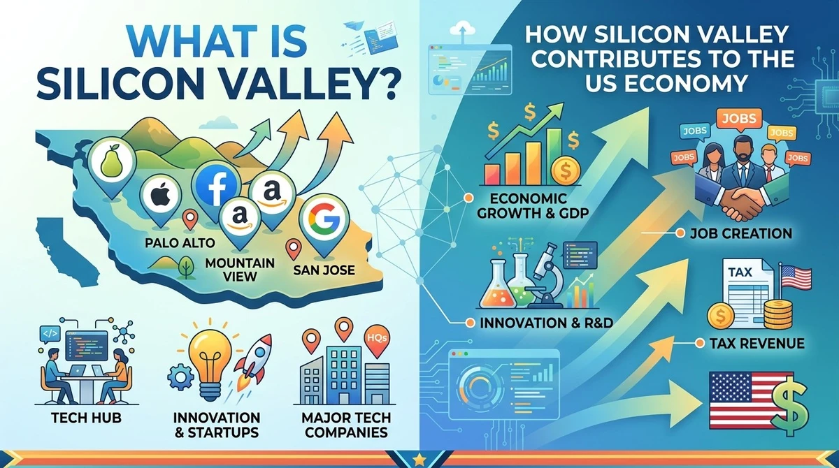 Illustration representing Silicon Valley with technology icons, a computer chip motif, and data graphs related to the US economy for the article What Is Silicon Valley?