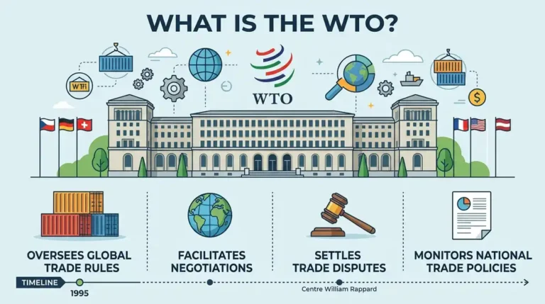 What Is WTO? An illustration of the World Trade Organization headquarters surrounded by global trade rule icons.