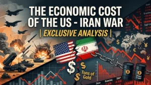 An illustration depicting the economic cost of the US - Iran war, showing clashing fists, burning currency, and oil barrels