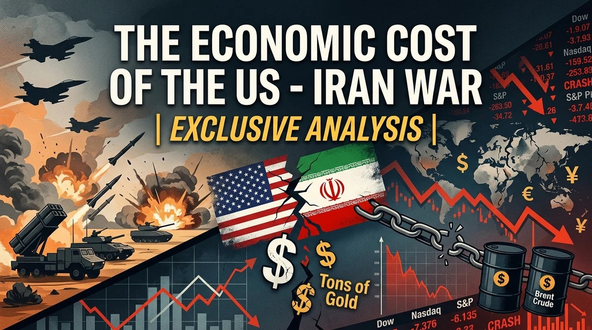 An illustration depicting the economic cost of the US - Iran war, showing clashing fists, burning currency, and oil barrels