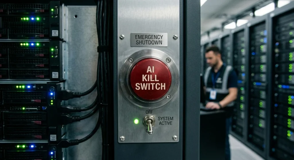 An illustration of data servers with a glowing warning sign titled "AI Slowdown and Stock Market," representing the impact of artificial intelligence safety concerns on tech investments.