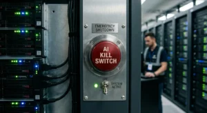 An illustration of data servers with a glowing warning sign titled "AI Slowdown and Stock Market," representing the impact of artificial intelligence safety concerns on tech investments.