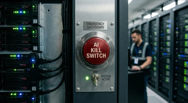 An illustration of data servers with a glowing warning sign titled "AI Slowdown and Stock Market," representing the impact of artificial intelligence safety concerns on tech investments.