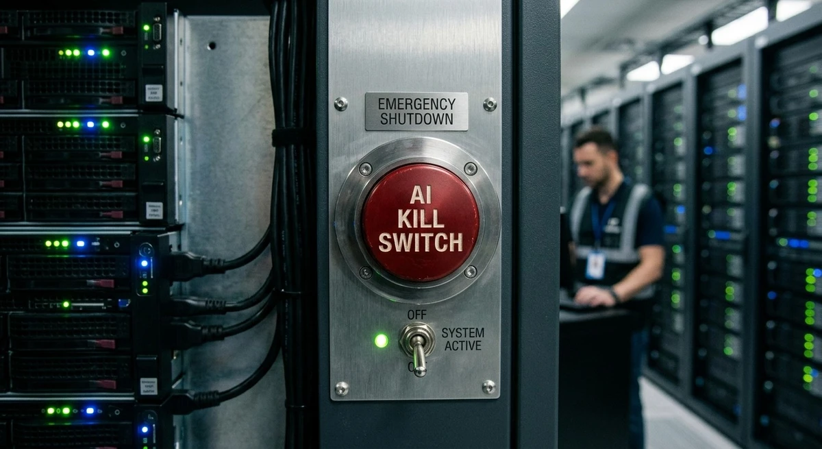 An illustration of data servers with a glowing warning sign titled "AI Slowdown and Stock Market," representing the impact of artificial intelligence safety concerns on tech investments.