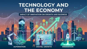 How Technology Changes the Economy: Graphic illustrating technological innovation, digital growth, and economic development.