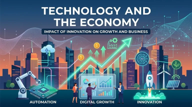 How Technology Changes the Economy: Graphic illustrating technological innovation, digital growth, and economic development.