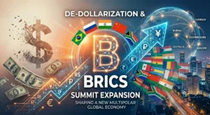 Digital illustration exploring De Dollarization and BRICS Expansion, featuring financial symbols, member nation flags, and global economic trade networks.