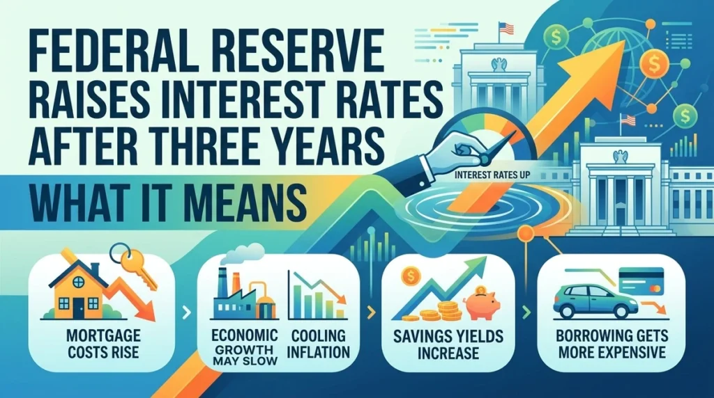 An illustrative graphic announcing that the Federal Reserve raises interest rates after three years, featuring economic icons like central bank buildings, interest rate charts, and inflation symbols.
