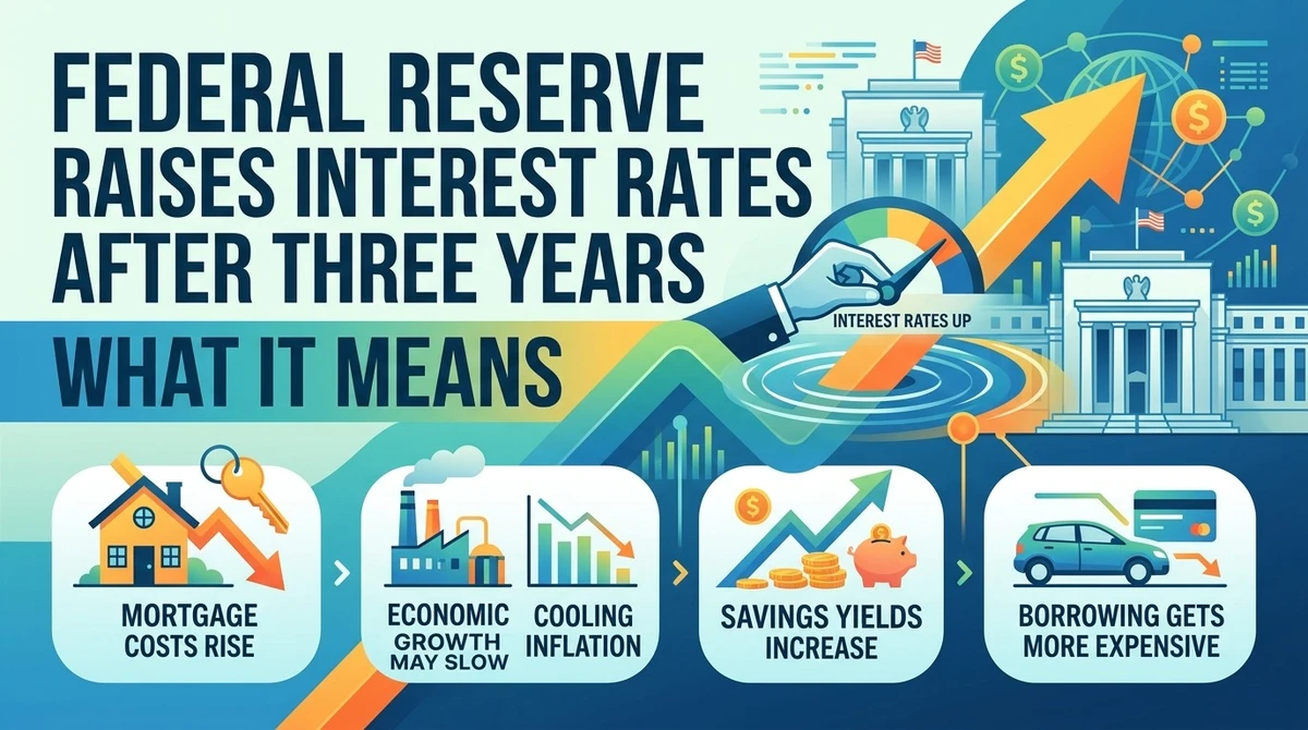 An illustrative graphic announcing that the Federal Reserve raises interest rates after three years, featuring economic icons like central bank buildings, interest rate charts, and inflation symbols.