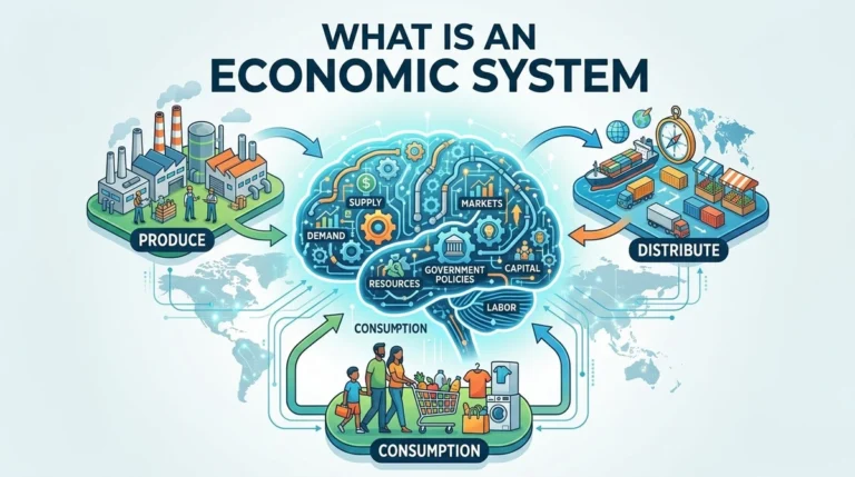An infographic image titled "What Is an Economic System?" illustrating global trade, economic concepts, and financial decision-making.