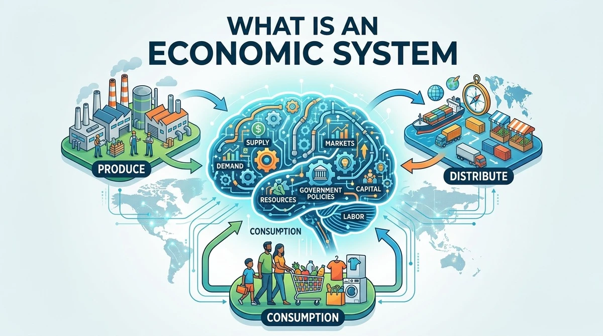 An infographic image titled "What Is an Economic System?" illustrating global trade, economic concepts, and financial decision-making.