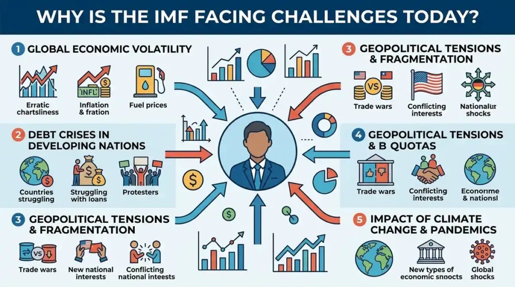 Diagram illustrating why the IMF is facing challenges today, highlighting key issues like global debt, climate change, geopolitical fragmentation, and governance reform.