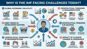 Diagram illustrating why the IMF is facing challenges today, highlighting key issues like global debt, climate change, geopolitical fragmentation, and governance reform.