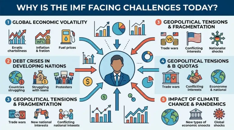 Diagram illustrating why the IMF is facing challenges today, highlighting key issues like global debt, climate change, geopolitical fragmentation, and governance reform.