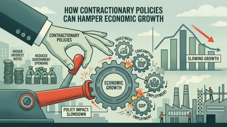 An illustration showing how contractionary policies can slow down economic growth, featuring symbols of money, production, and a graph.
