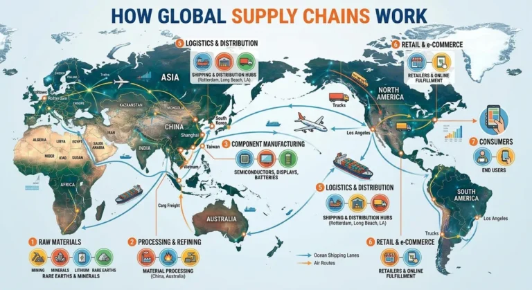 A graphic illustration outlining the main stages of international trade titled "How Global Supply Chains Work," showing connected icons for raw materials, manufacturing, logistics, warehousing, and final distribution.