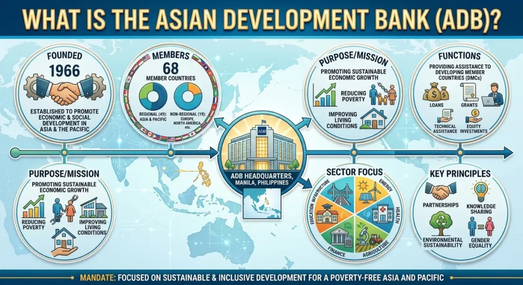 A graphic illustration showing a central globe surrounding icons for infrastructure, finance, energy, and education, titled What Is ADB -(Asian Development Bank)