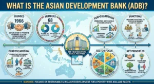 A graphic illustration showing a central globe surrounding icons for infrastructure, finance, energy, and education, titled What Is ADB -(Asian Development Bank)