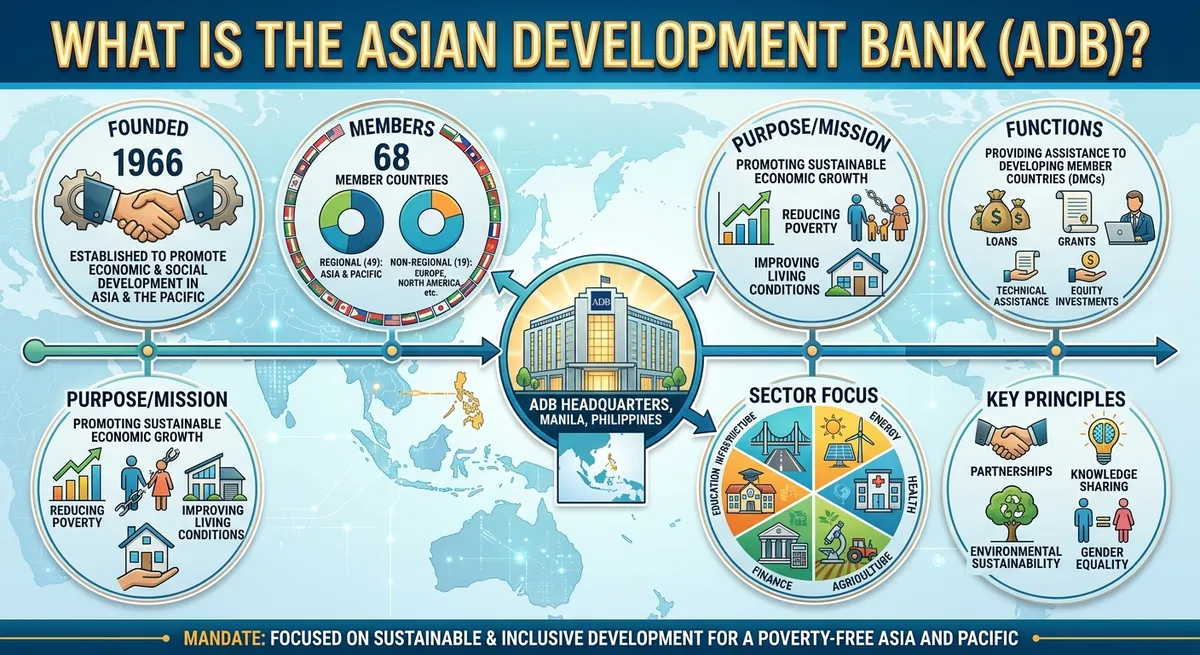 A graphic illustration showing a central globe surrounding icons for infrastructure, finance, energy, and education, titled What Is ADB -(Asian Development Bank)
