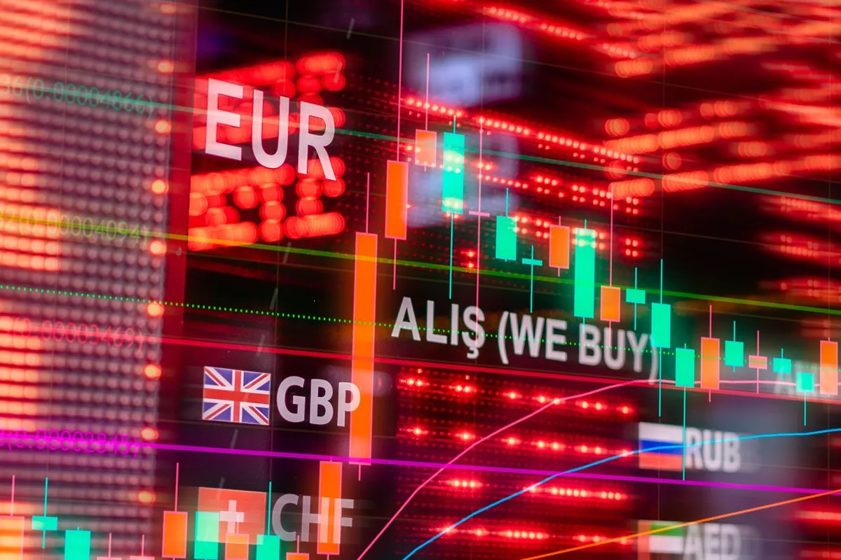 Financial exchange rates and stock market data displaying currency symbols like EUR alongside international market trends, illustrating how foreign trade affects the global economy.