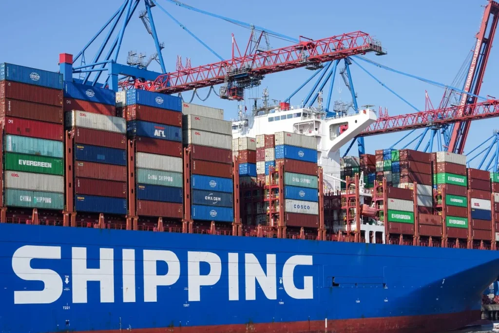 Shipping container cranes loading cargo at a port, illustrating how does international trade work through global logistics.