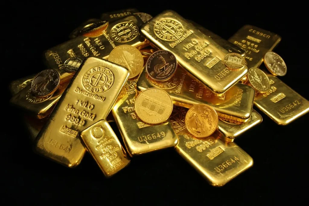 Gold bullion coins and bars representing Best Commodity ETFs in the USA