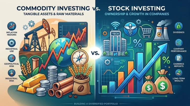 Commodity Investing vs Stock Investing: A split or comparative graphic illustrating physical commodities (such as gold bars or crude oil) alongside stock market charts and financial data.